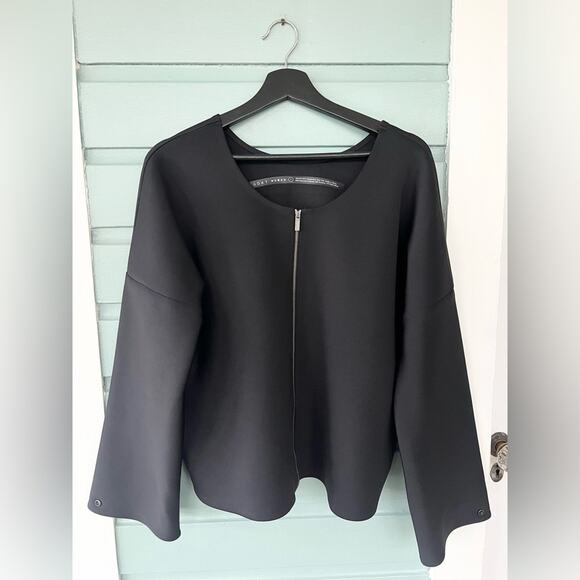 ADAY Black Scuba Stretch Waste Not Collarless Jacket zip up fall thick Size L - Picture 4 of 11